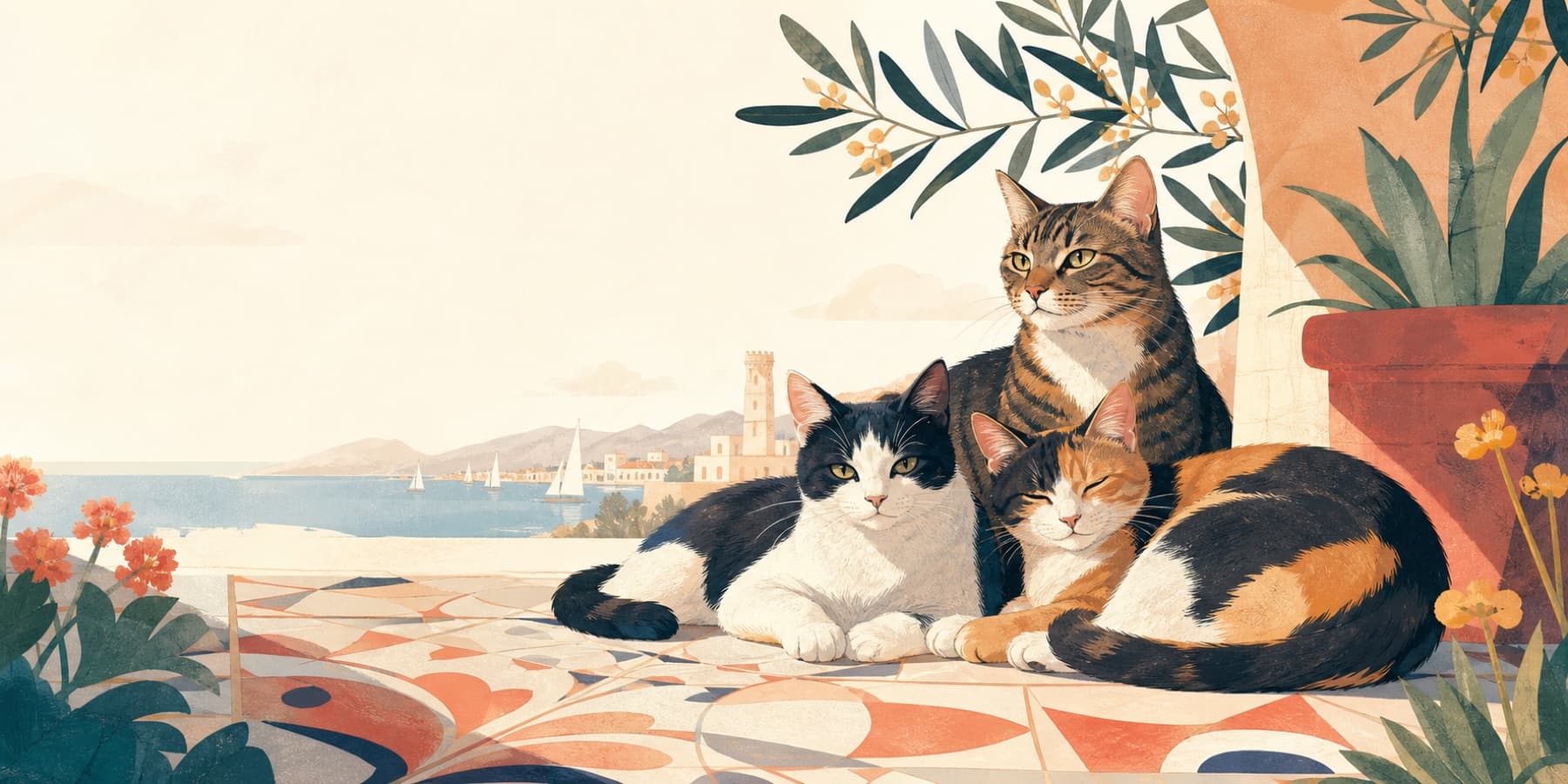 Tres gatos cuidados por VNG Gats en un entorno mediterráneo